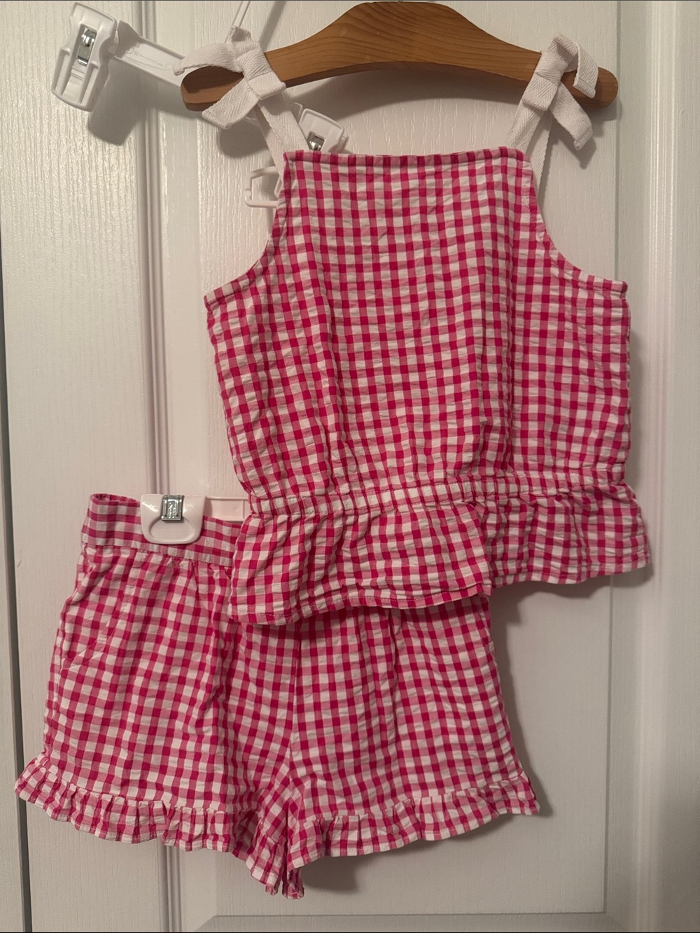 Janie & Jack SZ 6-7 Pink & White Gingham Tank w/ Bow Straps & Matching Shorts